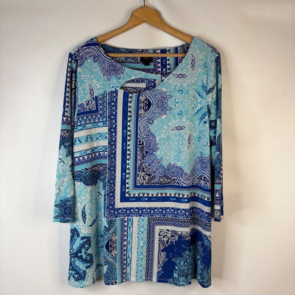 JM Collection Tunic Top Women XXL Blue Paisley Geometric Cutout 3/4 Sleeve